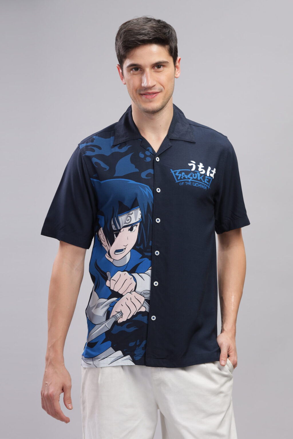 Gift yourself a stylish look with this cool navy oversized shirt it's well designed loose fit and fun Naruto: Sasuke Of The Uchiha print make it a delightful choice. Pair it with denims for an impressive look.